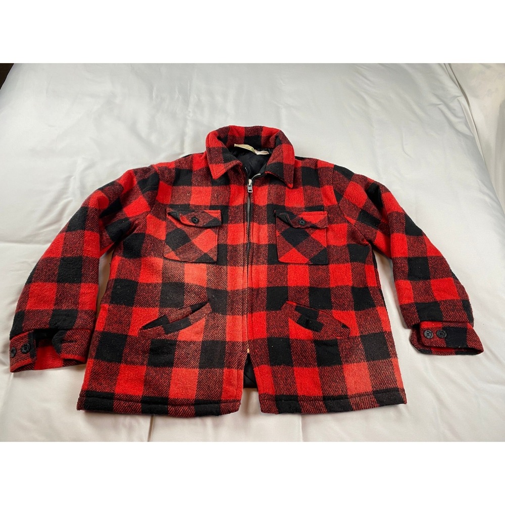 Sears Fieldmaster Buffalo Plaid Jacket Mens L Red Black Excellent Wool Blend Zip